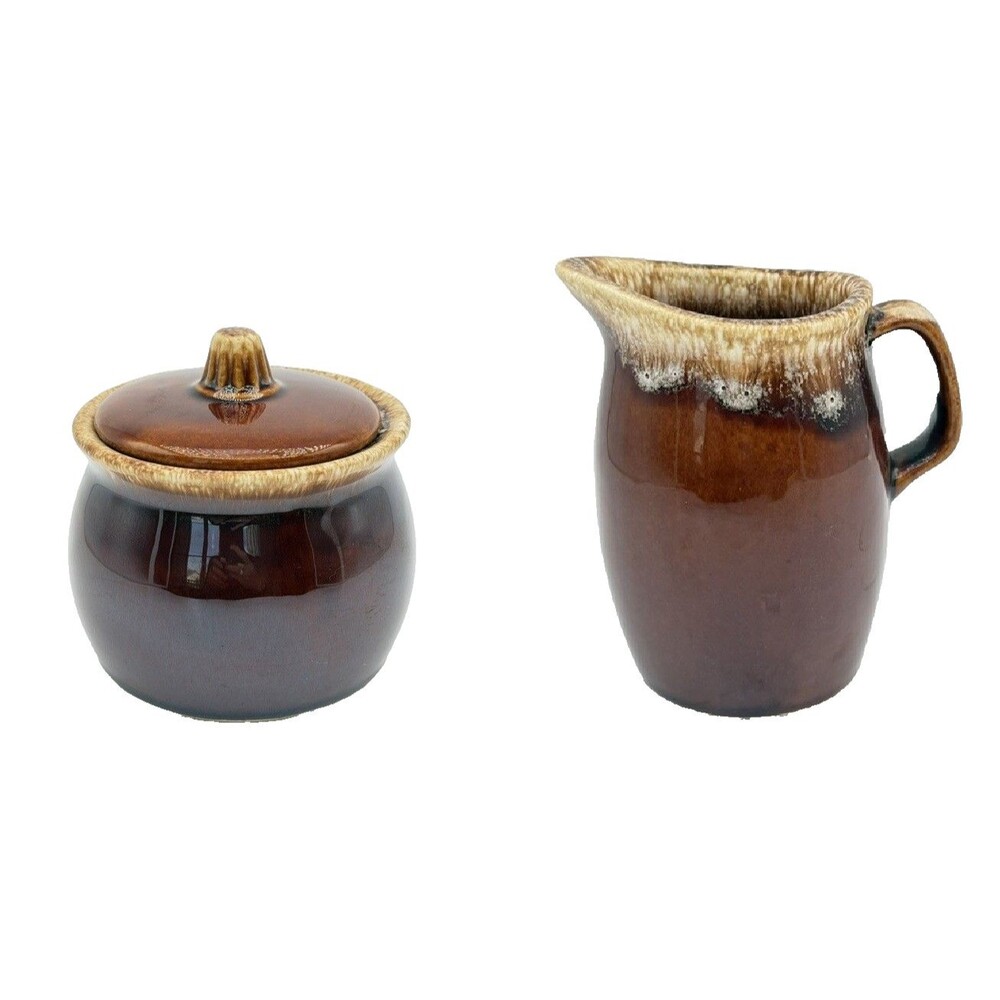 Vintage Hull Oven Proof Pottery Brown Drip Glaze Creamer and Sugar Bowl Set USA
